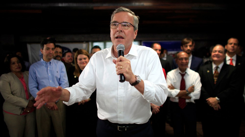 In this April 28, 2015 file photo, former Florida Gov. Jeb Bush speaks during a town hall meeting with Puerto Rico's Republican Party in Bayamon, Puerto Rico. (Photo by Ricardo Arduengo/AP)