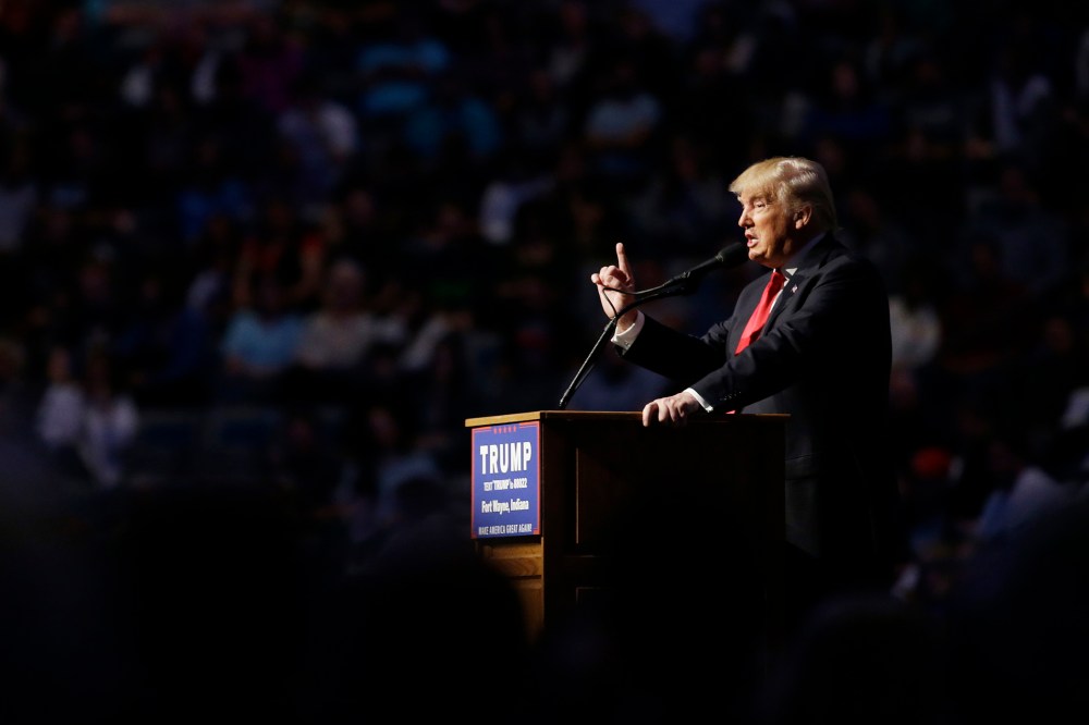 Republican presidential candidate Donald Trump speaks during a campaign stop at the Allen County War Memorial Coliseum, May 1, 2016, in Fort Wayne, Ind. (Photo by Darron Cummings/Getty)