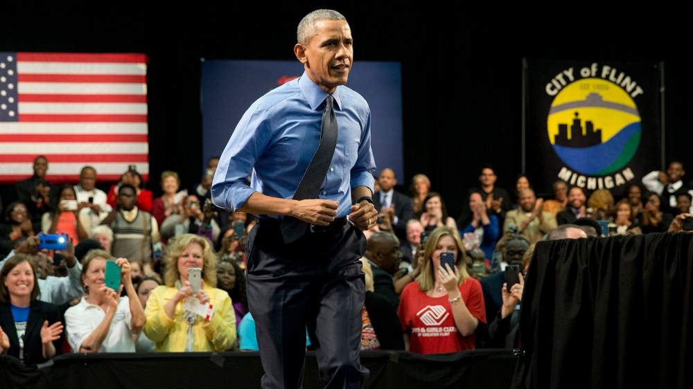 President Barack Obama arrives to speak at Flint Northwestern High School in Flint, Mich. on May 4, 2016, about the ongoing water crisis. (Photo by Carolyn Kaster/AP)