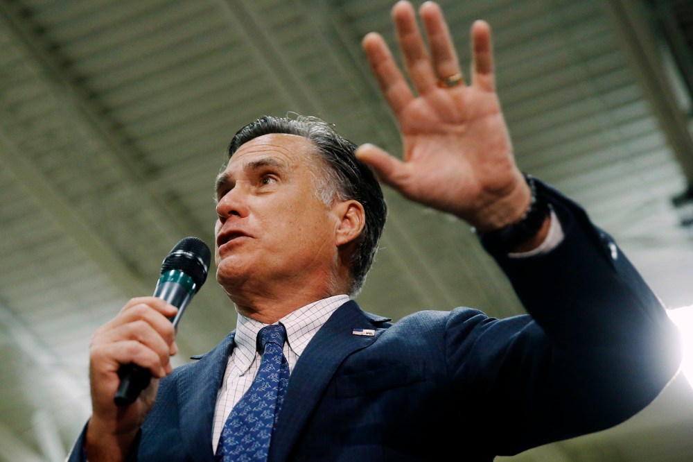 Former Republican presidential candidate Mitt Romney speaks at a campaign stop for another Republican presidential candidate, Ohio Gov. John Kasich, March 14, 2016, at Westerville Central High School in Westerville, Ohio. (Photo by Matt Rourke/AP)