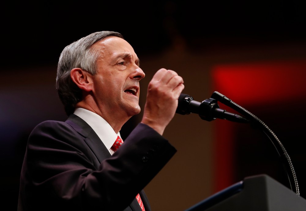 Pastor Robert Jeffress of the First Baptist Dallas Church Choir speaks as he introduces President Donald Trump during the Celebrate Freedom event at the Kennedy Center for the Performing Arts in Washington, Saturday, July 1, 2017.