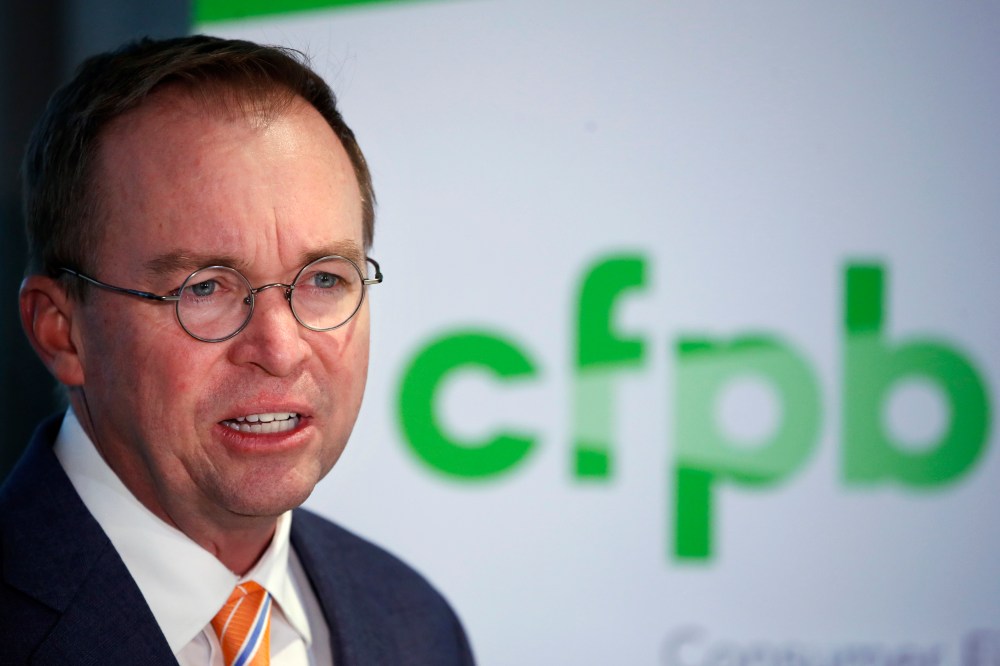 In this Nov. 27, 2017, file photo, Mick Mulvaney speaks during a news conference after his first day as acting director of the Consumer Financial Protection Bureau, or CFPB, in Washington.