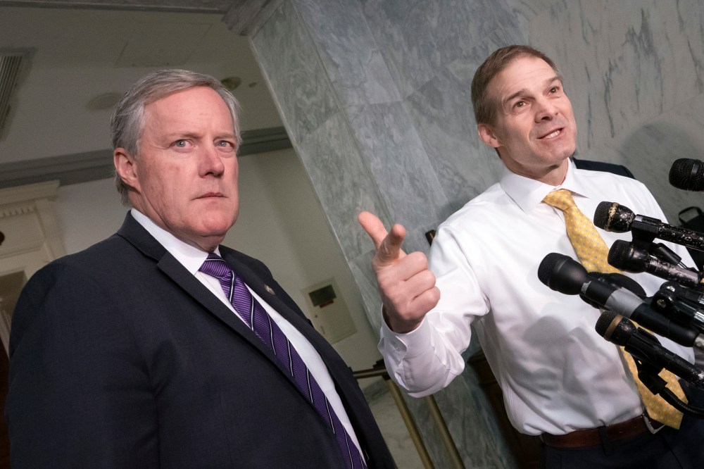 Rep. Mark Meadows, R-N.C., left, and Rep. Jim Jordan, the House Oversight and Reform Committee's ranking member, during a news conference on Capitol Hill in Washington, Tuesday, April 2, 2019.