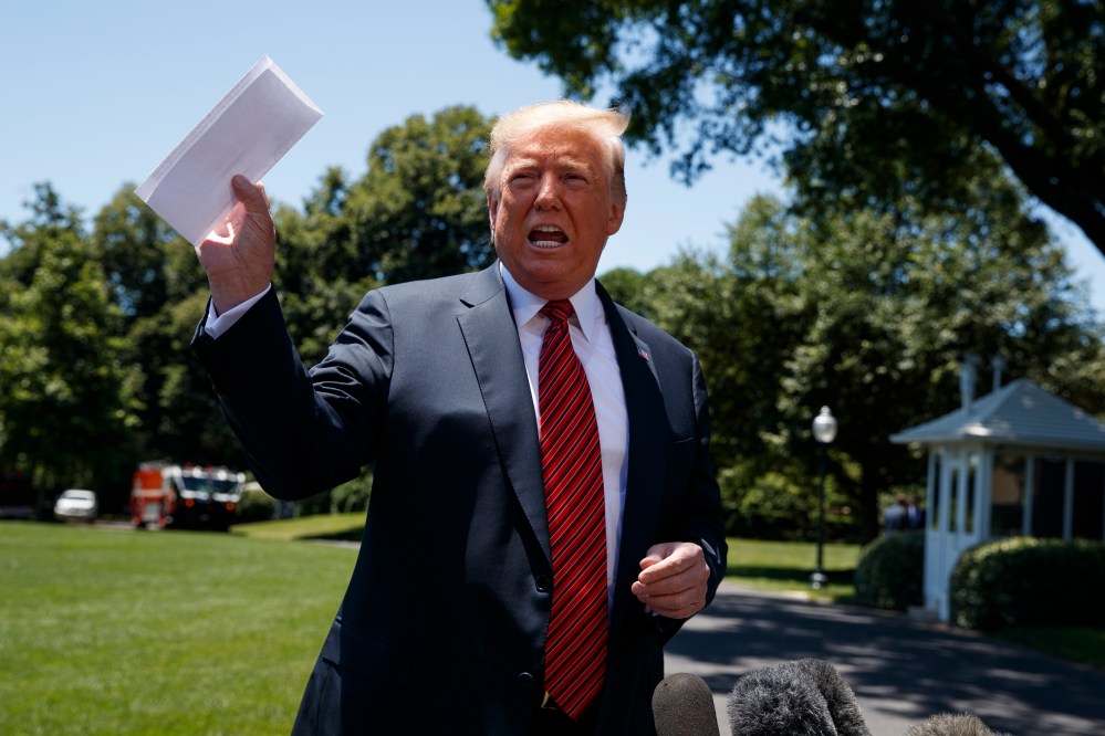 President Donald Trump speaks to reporters before departing for a trip to Iowa, on the South Lawn of White House, Tuesday, June 11, 2019, in Washington.