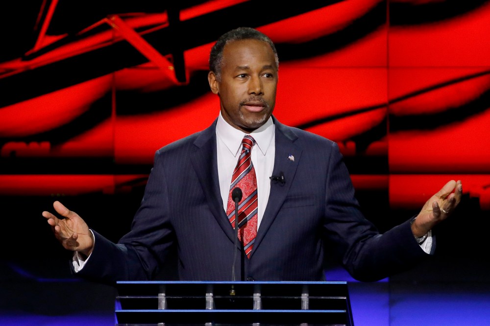 Republican presidential candidate, retired neurosurgeon Ben Carson speaks during a Republican presidential primary debate, Feb. 25, 2016, in Houston. (Photo by David J. Phillip/AP)