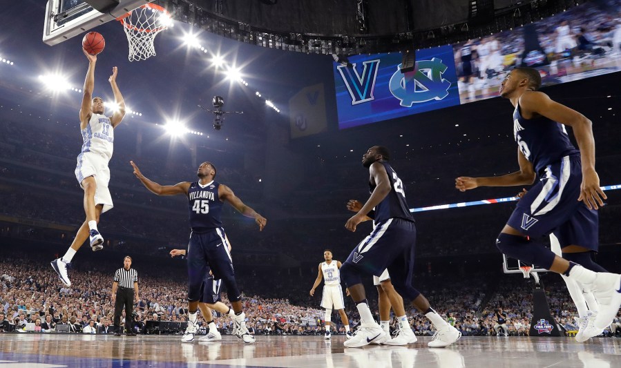 North Carolina's Brice Johnson (11) goes up for a basket during the first half of the NCAA Final Four tournament college basketball championship game against North Carolina, April 4, 2016, in Houston. (Photo by Eric Gay/AP)