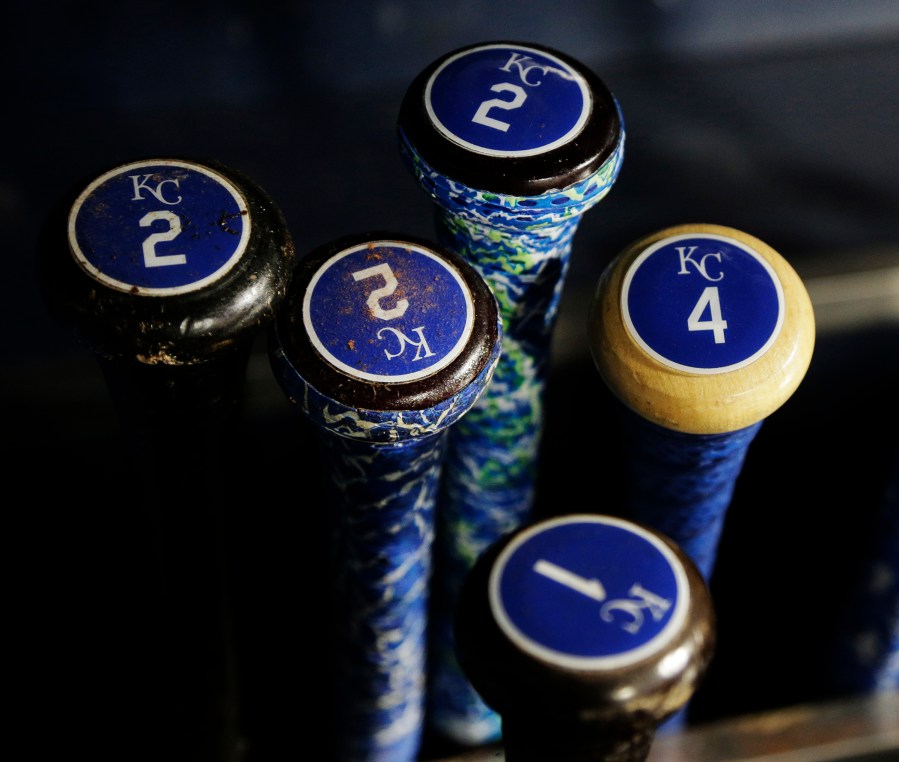 Kansas City Royals' bats are placed in the dugout before Game 5 of the Major League Baseball World Series between the New York Mets and Kansas City Royals, Nov. 1, 2015, in New York. (Photo by Julie Jacobson/AP)