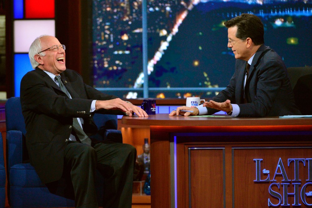 Senator and Democratic candidate for president, Bernie Sanders, left, joins host Stephen Colbert on the set of "The Late Show with Stephen Colbert," on Sept. 18, 2015 in N.Y. (Photo by John Paul Filo/CBS/AP)