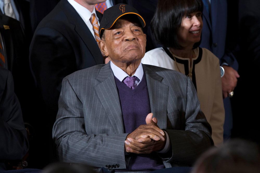 San Francisco Giants Hall of Fame baseball player Willie Mays listens to President Barack Obama in the East Room of the White House in Washington, June 4, 2015. (Photo by Evan Vucci/AP)