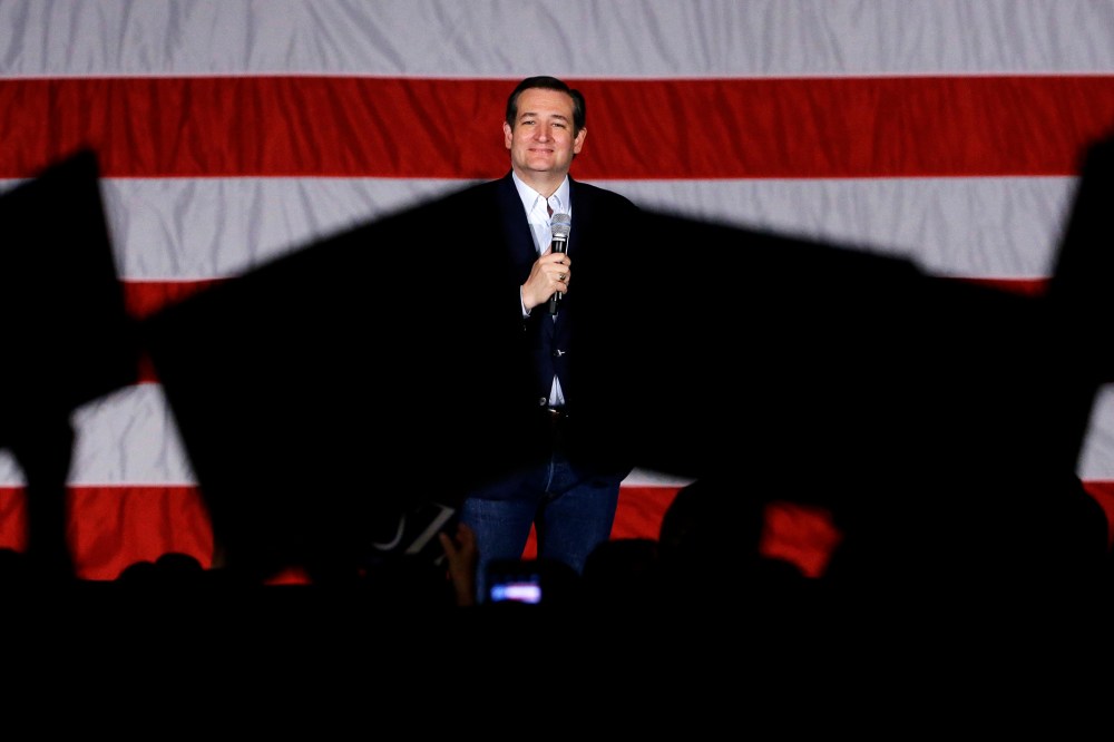 Republican presidential candidate, Sen. Ted Cruz, R-Texas, looks to supporters as he speaks at a campaign stop at Waukesha County Exposition Center, April 4, 2016, in Waukesha, Wis. (Photo by Nam Y. Huh/AP)