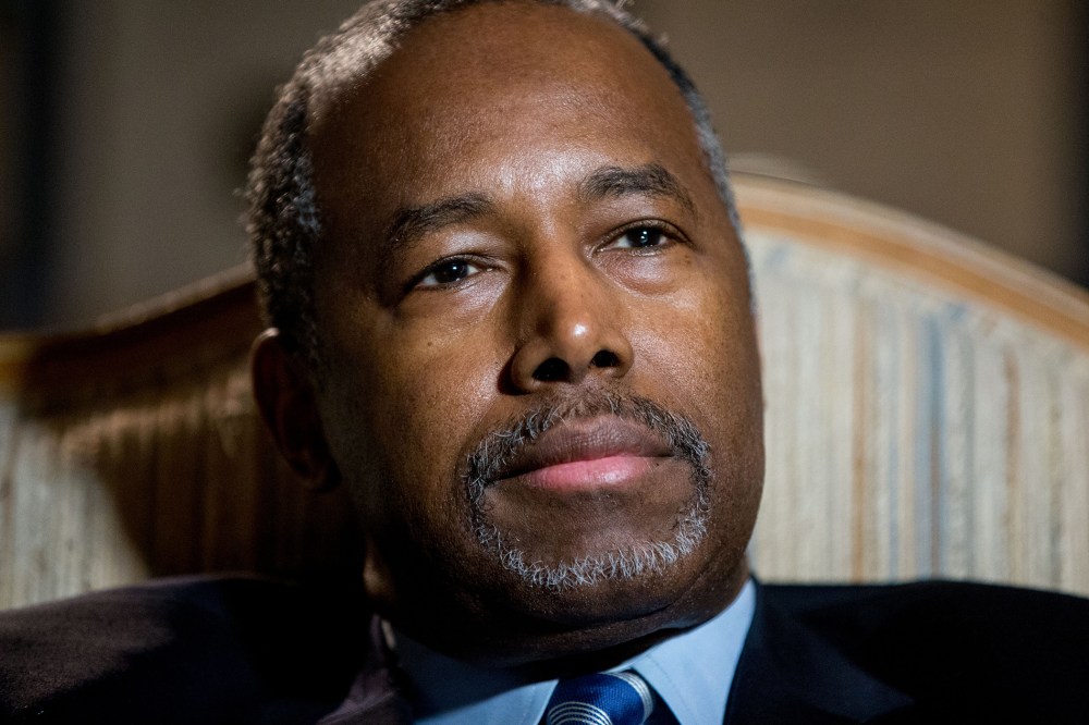 Republican presidential candidate Dr. Ben Carson pauses during an interview with The Associated Press in his home in Upperco, Md., Dec. 23, 2015. (Photo by Andrew Harnik/AP)