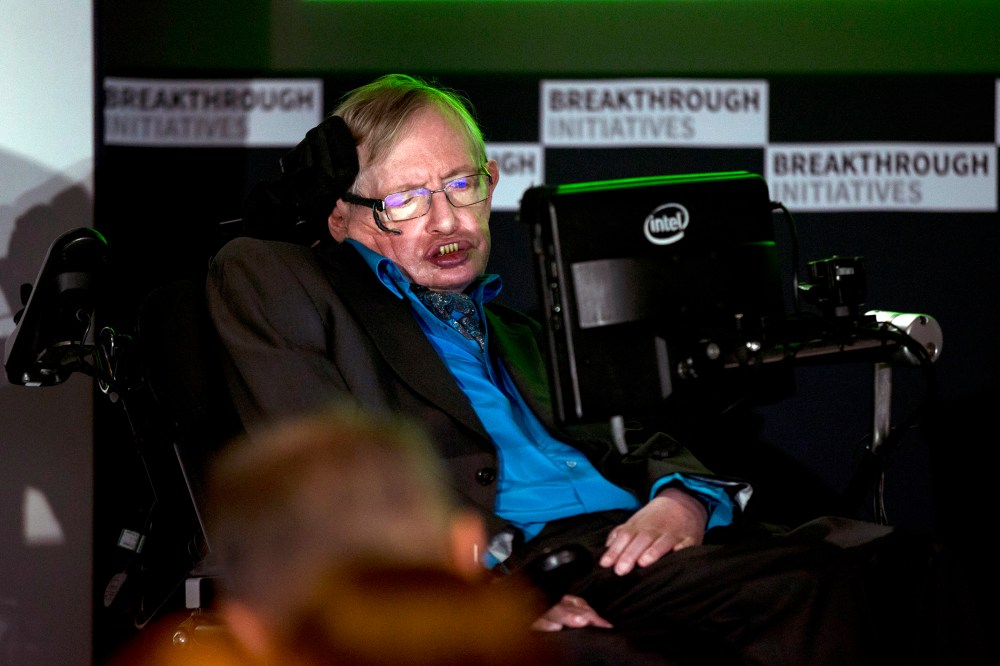 Renowned physicist Stephen Hawking attends a press conference in London, Monday, July 20, 2015. (Photo by Matt Dunham/AP)