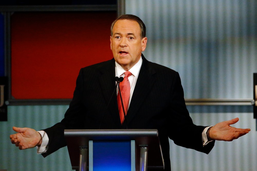 Mike Huckabee speaks during the Republican presidential debate at Milwaukee Theatre, Nov. 10, 2015, in Milwaukee, Wis. (Photo by Morry Gash/AP)