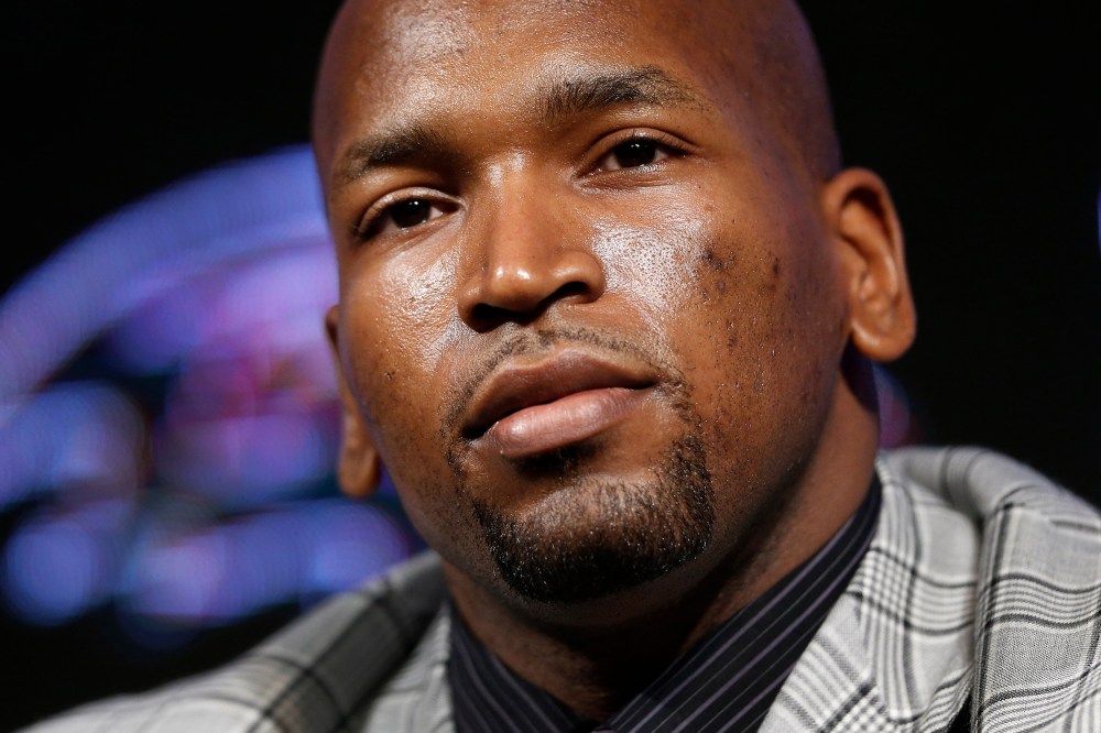 Baltimore Ravens tackle Eugene Monroe discusses his new five-year contract during an NFL football news conference, March 12, 2014, at the team's practice facility in Owings Mills, Md. (Photo by Patrick Semansky/AP)