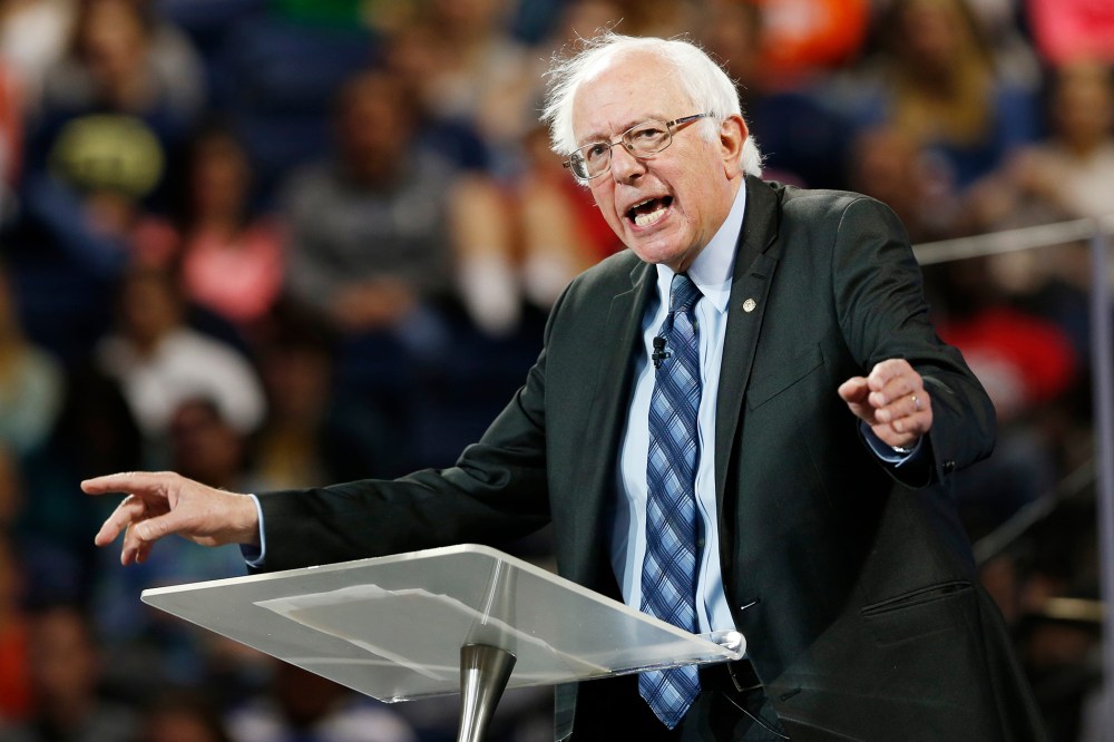 Democratic presidential candidate, Sen. Bernie Sanders, I-Vt. gestures during a speech at Liberty University in Lynchburg, Va., Monday, Sept. 14, 2015. (Photo by Steve Helber/AP)