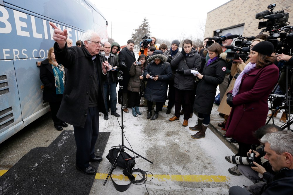 Democratic presidential candidate, Sen. Bernie Sanders, I-Vt., speaks during a news conference after a stop at the United Steelworkers Local 310L union hall, Jan. 26, 2016, in Des Moines, Iowa. (Photo by Charlie Neibergall/AP)