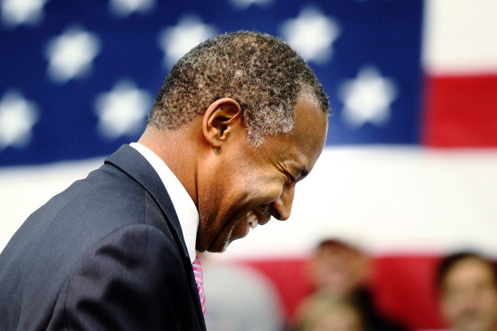 Republican presidential candidate Ben Carson smiles during a rally, Oct. 30, 2015, at West Memphis High School in West Memphis, Ark. (Photo by Nikki Boertman/The Commercial Appeal/AP)
