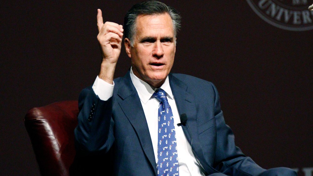 Former GOP presidential candidate Mitt Romney answers questions during a question-and-answer period following his address to the student body and guests in Starkville, Miss., Jan. 28, 2015. (Photo by Rogelio V. Solis/AP)