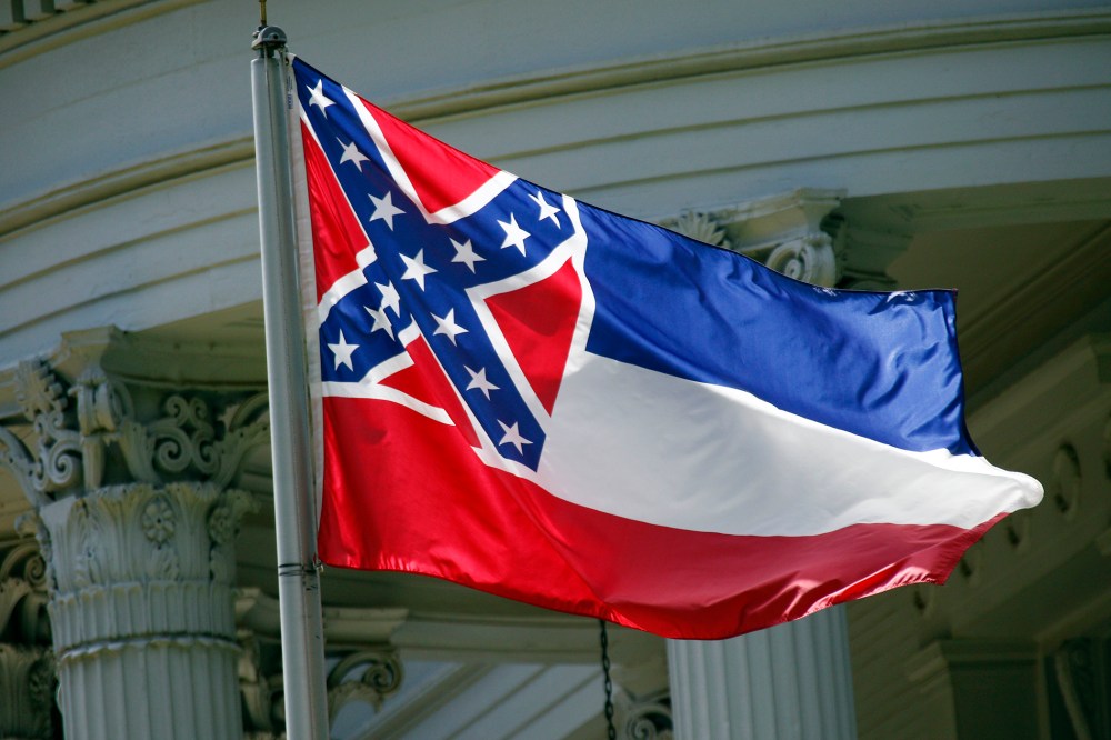 In this photo taken June 23, 2015, the Mississippi state flag is flown in Jackson, Miss. (Photo by Rogelio V. Solis/AP)