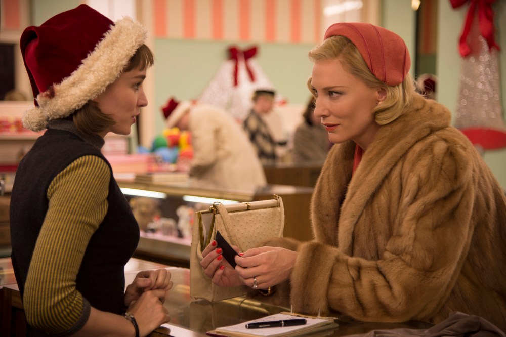 This photo provided by The Weinstein Company shows, Rooney Mara, left, as Therese Belivet, and Cate Blanchett, as Carol Aird, in a scene from the film, "Carol." (Photo by Wilson Webb/The Weinstein Company/AP)