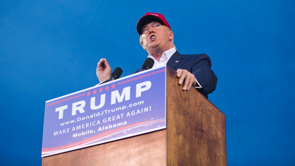 Republican presidential candidate Donald Trump speaks during a campaign rally in Mobile, Ala., on Friday, Aug. 21, 2015. (Photo by Brynn Anderson/AP)