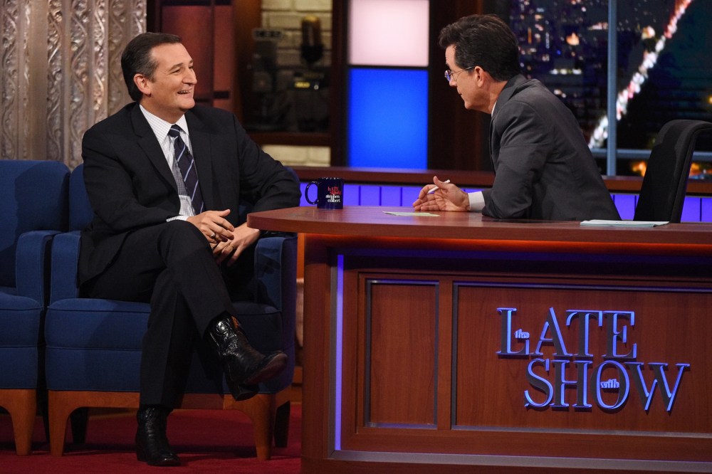 Senator and Republican presidential candidate Ted Cruz speaks with Stephen Colbert on The Late Show, Sept. 21, 2015. (Jeffrey R. Staab/CBS via AP)