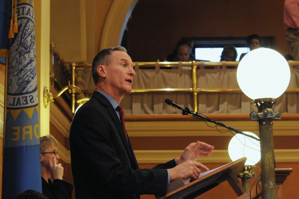South Dakota Gov. Dennis Daugaard speaks during his budget address at the state Capitol in Pierre, S.D., Dec. 8, 2015. (Photo by James Nord/AP)