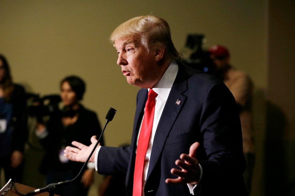 Republican presidential candidate Donald Trump speaks during a news conference, Aug. 25, 2015, in Dubuque, Iowa. (Photo by Charlie Neibergall/AP)