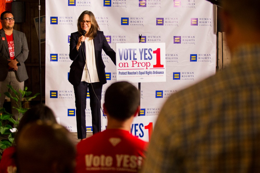 Actress Sally Field speaks to staff and volunteers of Human Rights Campaign in Houston Oct. 28, 2015. (Photo by Michael Stravato/AP)