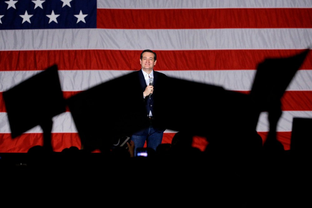 Republican presidential candidate, Sen. Ted Cruz, R-Texas, looks to supporters as he speaks at a campaign stop at Waukesha County Exposition Center, April 4, 2016, in Waukesha, Wis. (Photo by Nam Y. Huh/AP)