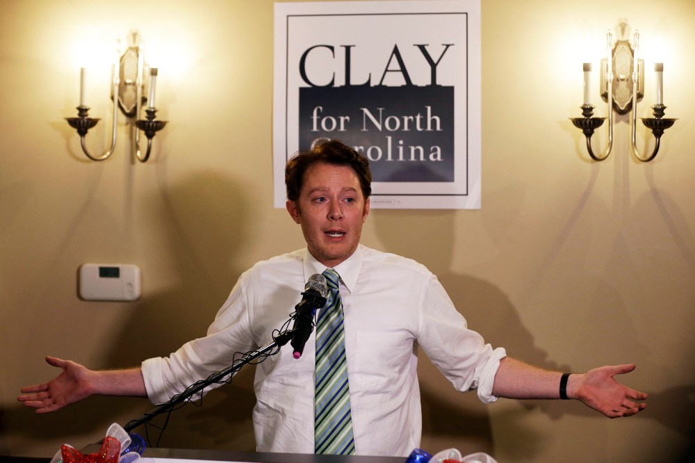 Clay Aiken speaks to supporters during an election night watch party in Holly Springs, N.C., Tuesday, May 6, 2014.