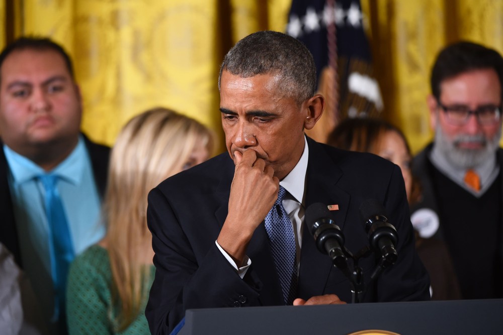President Barack Obama pauses as he delivers a statement on executive actions to reduce gun violence on Jan. 5, 2016 at the White House in Washington, D.C. (Photo by Nicholas Kamm/AFP/Getty)