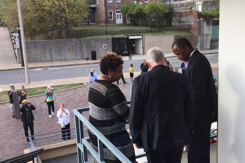 Republican presidential candidate Dr. Ben Carson stands on the balcony where Dr. Martin Luther King Jr. was assassinated at the National Civil Rights Museum at the Lorraine Motel on Friday, Oct. 30, 2015. (Photo by Shaquille Brewster/MSNBC)