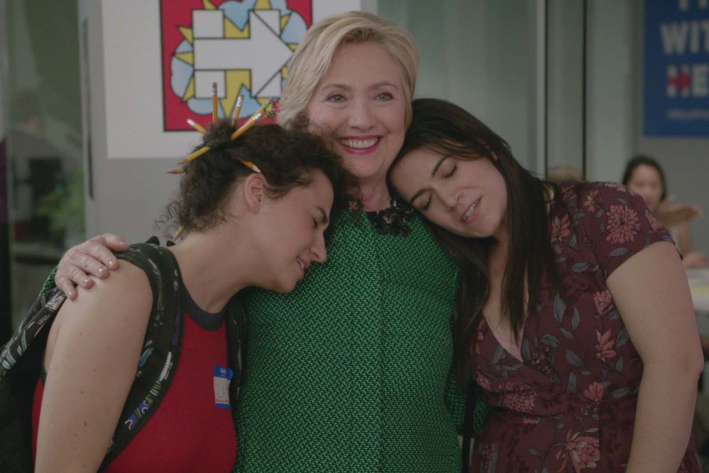 Ilana Glazer, Hillary Clinton and Abbi Jacobson in a scene on Broad City. (Photo by Comedy Central)
