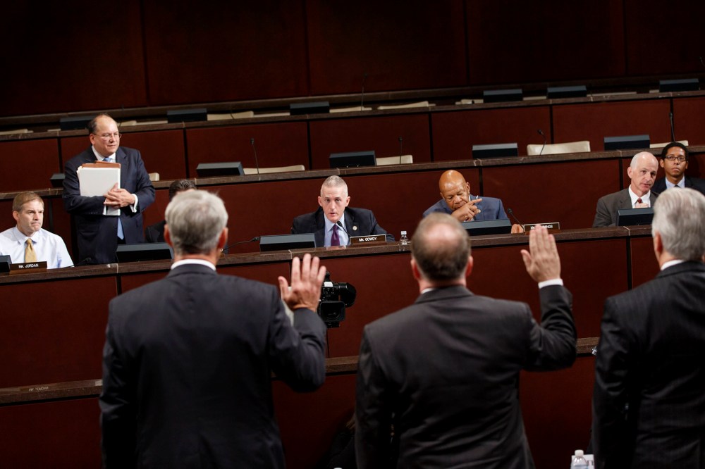 The House Select Committee on Benghazi, chaired by Rep. Trey Gowdy, R-S.C., center, holds its first public hearing to investigate the 2012 attacks on the U.S. consulate in Benghazi, Libya on Sept. 17, 2014.