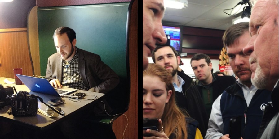 From left: Benjy Sarlin files a story from Spirit Lake, Iowa, Jan. 6, 2016, and Alex Seitz-Wald (bearded, left) listens to Ted Cruz during a campaign event in Manley, Iowa, Jan. 8, 2016. (Photos courtesy of David Weigel and Vaughn Hillyard, respectively)