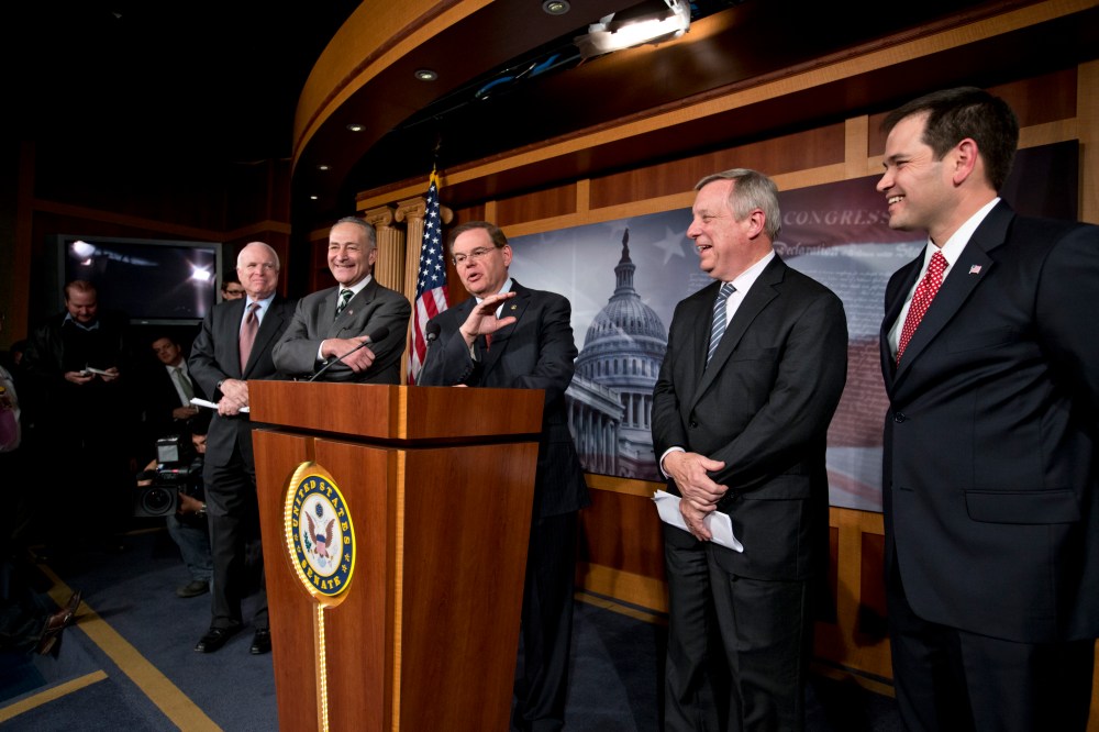 A bipartisan group of leading senators announce that they have reached agreement on the principles of sweeping legislation to rewrite the nation's immigration laws, during a news conference at the Capitol in Washington, Monday, Jan. 28, 2013. (AP Photo...