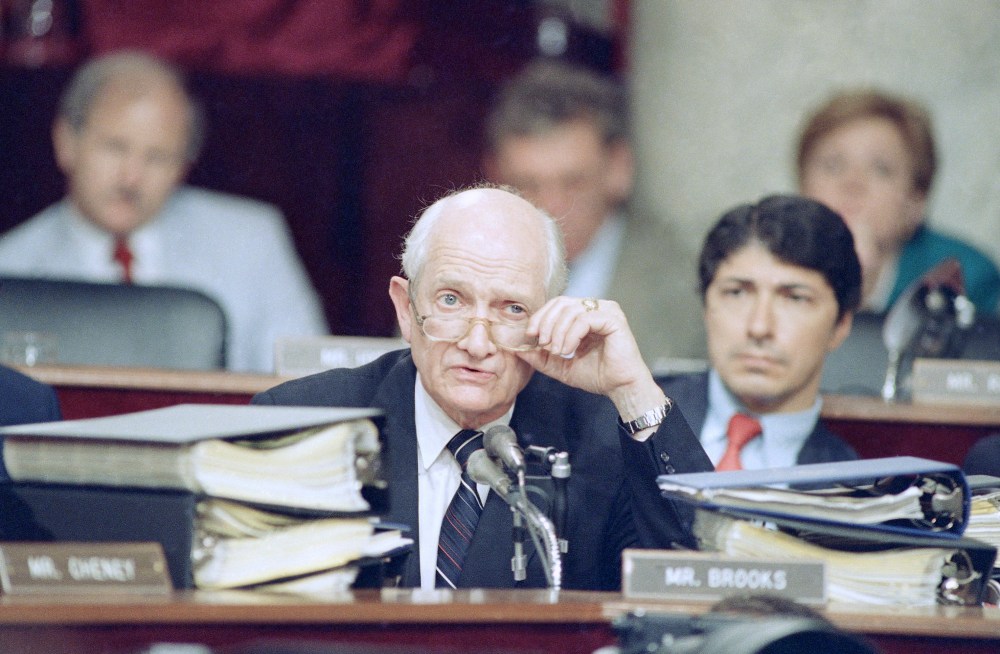 Rep. Jack Brooks, D-Texas, gives Lt. Col. Oliver North a tongue lashing in Washington on Monday, July 13, 1987 session of the Iran-Contra hearings. Sen. Daniel Inouye, D-Hawaii, chairman of the Senate select committee, announced that the questioning of...