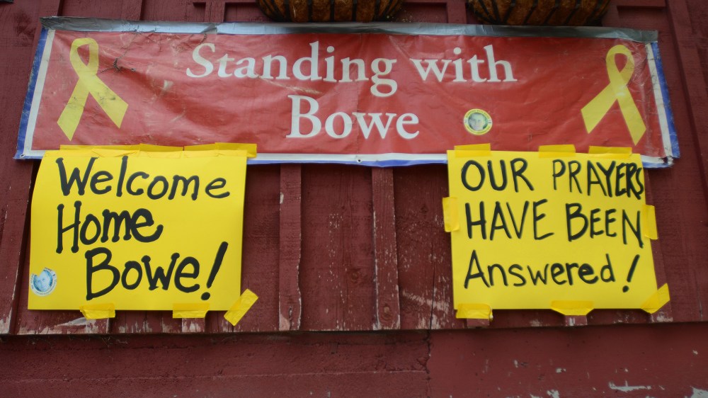 New signs hang at Zaney's coffee house in Hailey, Idaho on Saturday, May 31, 2014 after the announcement that U.S. Army Sgt. Bowe Bergdahl has been released from captivity. Bergdahl, 28, had been held prisoner by the Taliban since June 30, 2009.