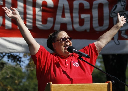 Karen Lewis, president of the Chicago Teachers Union addresses the crowd during a rally Saturday, Sept. 15, 2012, in Chicago. (Photo by Charles Rex Arbogast/AP)