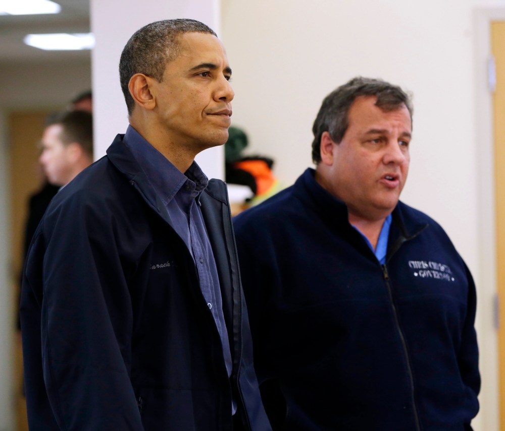 President Barack Obama and New Jersey Gov. Chris Christie visit the Brigantine Beach Community Center to meet with local residents, Wednesday, Oct. 31, 2012,  in Brigantine, NJ. Obama traveled to Atlantic Coast to see first-hand the relief efforts...