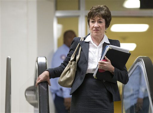Sen. Susan Collins, R-Maine, ranking Republican on the Senate Homeland Security and Governmental Affairs Committee walks to a meeting on Capitol Hill in Washington, Wednesday, Nov. 28, 2012, for a meeting with UN Ambassador Susan Rice. (AP Photo/ Evan...