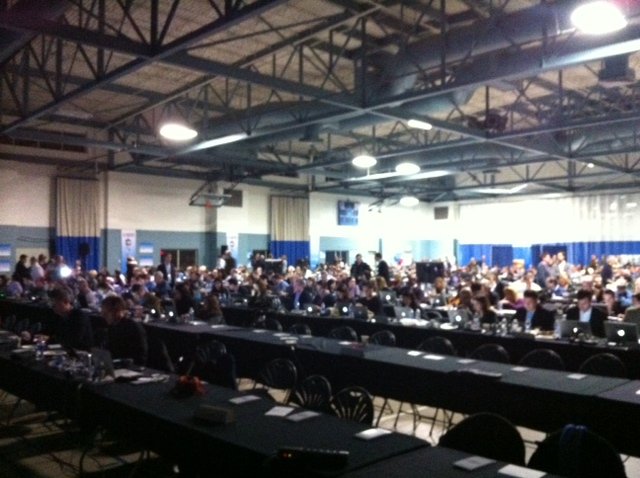 Media from around the world fill the filing center at St. Anselm College in Manchester, NH
