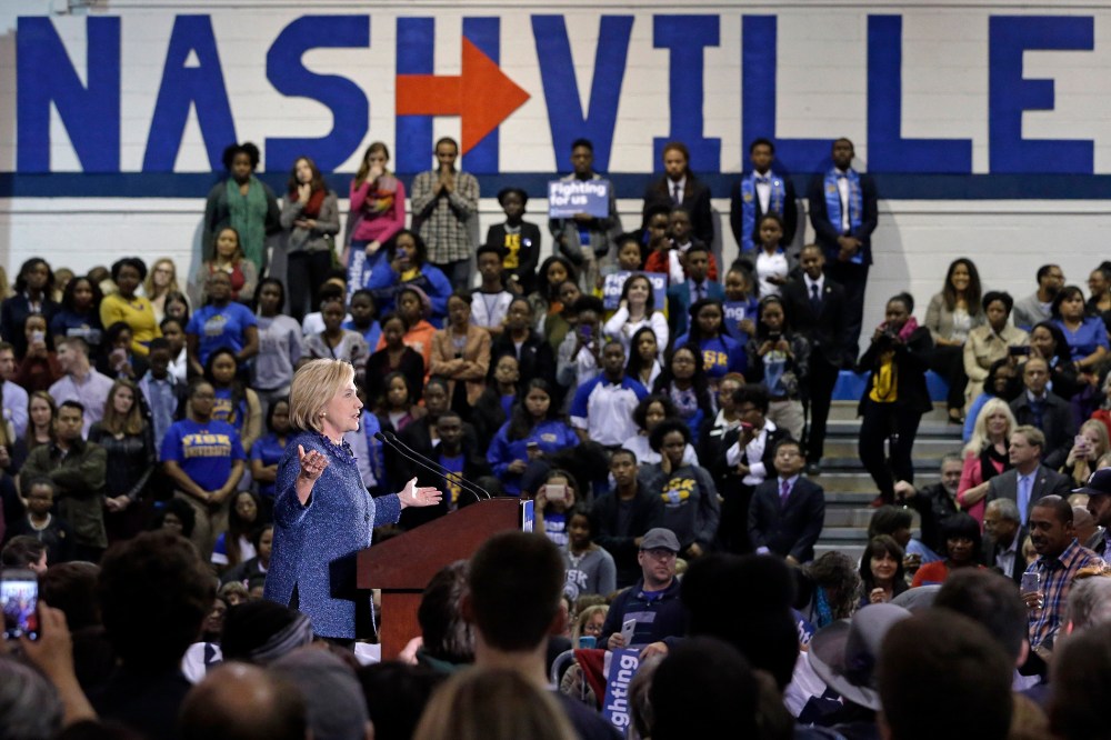 Democratic presidential candidate Hillary Rodham Clinton speaks at Fisk University, Nov. 20, 2015, in Nashville, Tenn. (Photo by Mark Humphrey/AP)