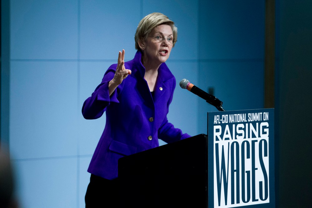 Sen. Elizabeth Warren, D-Mass. speaks about raising wages during the forum AFL-CIO National Summit, on Jan. 7, 2015, at Gallaudet University in Washington.