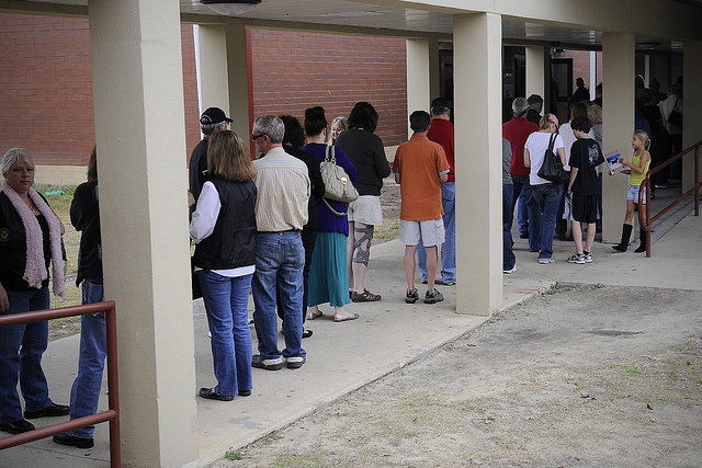 Primary voters line up at Westview Middle School in Goose Creek, South Carolina