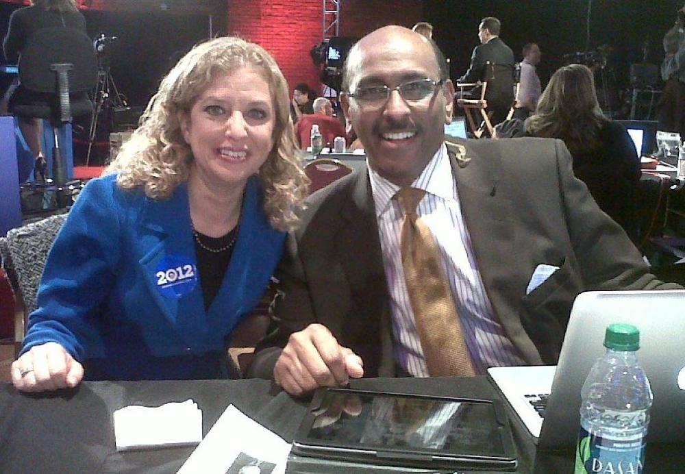 Showdown in Manchester! DNC Chair Debbie Wasserman Schultz and Fmr. RNC Chair Michael Steele chatting near the msnbc set.