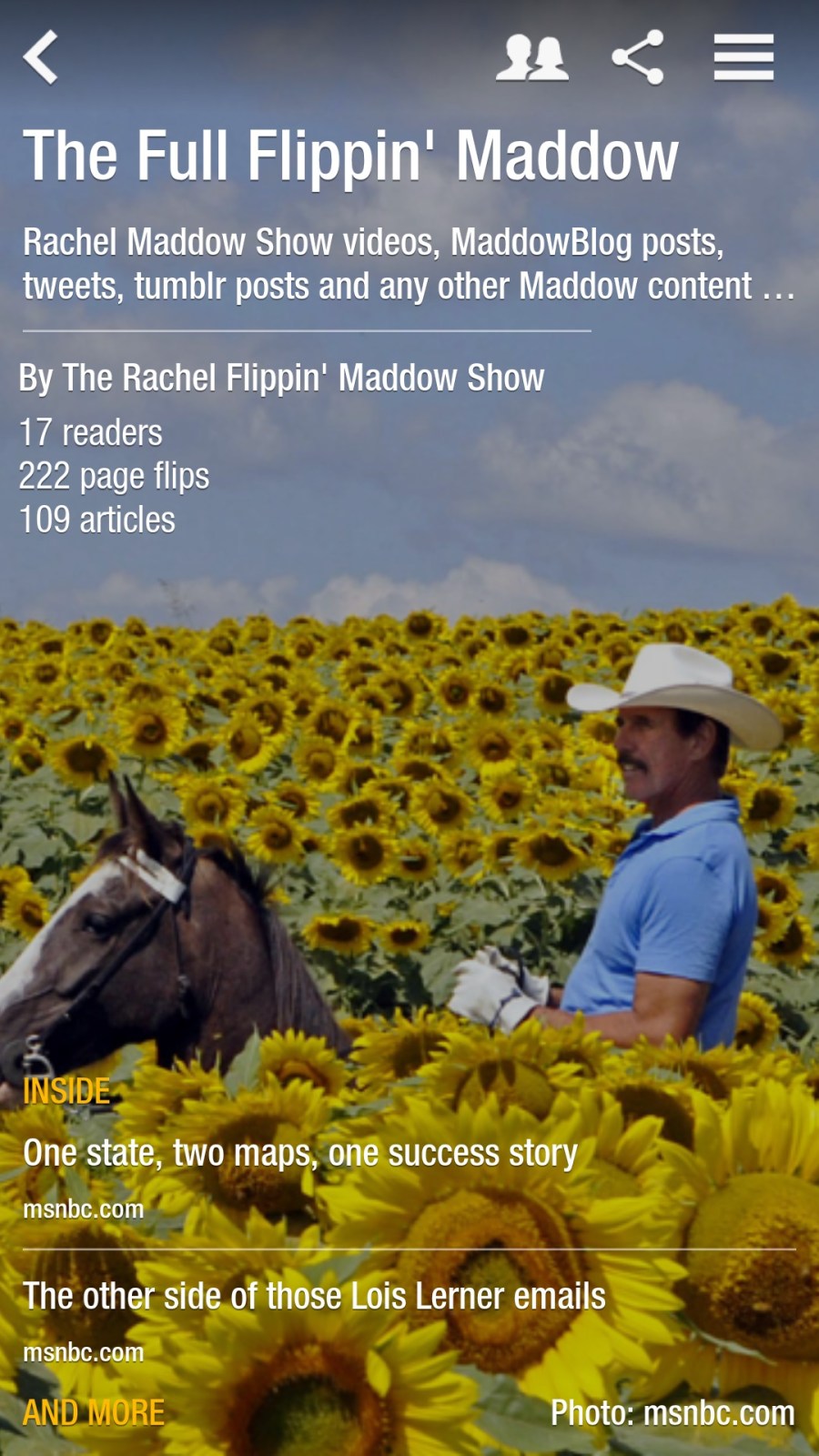 An early view of the Full Flippin' Maddow in Flipboard's Android app (background photo: Terry Prather/AP)