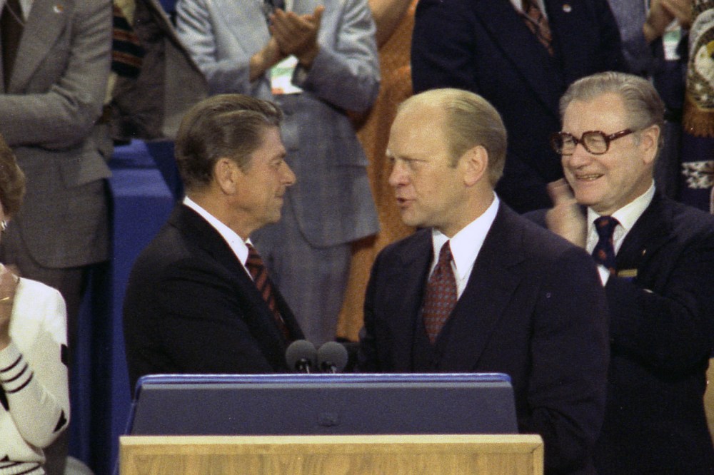 Ronald Reagan shakes hands with then-President Gerald Ford at the 1976 Republican National Convention at Kemper Arena in Kansas City. (Courtesy Gerald R. Ford Library)