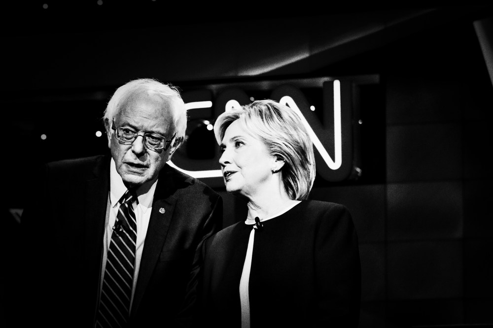 Sen. Bernie Sanders and former Secretary of State Hillary Clinton on stage at the first Democratic Presidential debate at the Wynn Las Vegas resort and casino on Oct. 12, 2015 in Las Vegas, Nev. (Photo by Mark Peterson/Redux for MSNBC)
